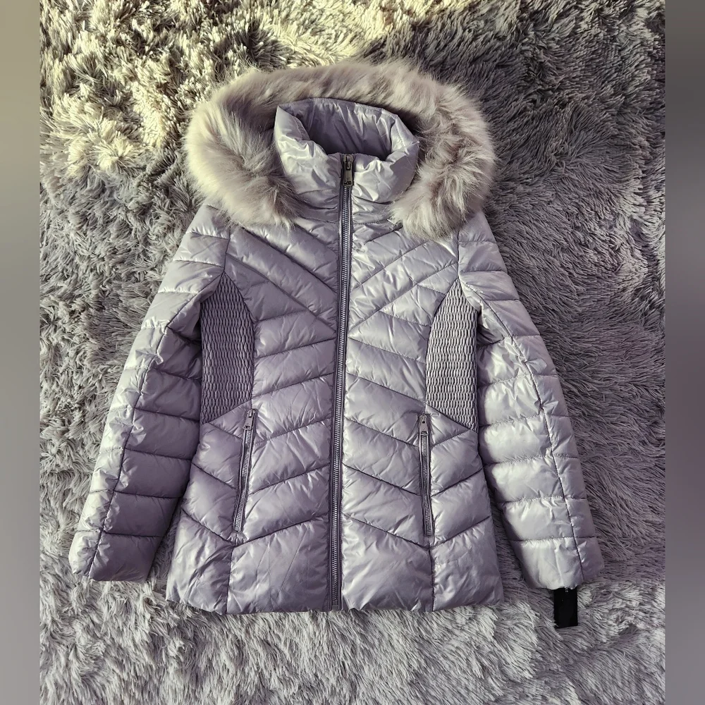 Silver Quilted Puffer Jacket with Faux Fur Hood